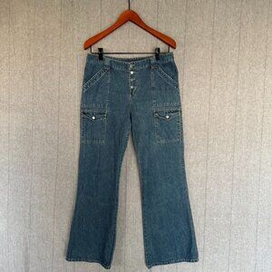 Y2K Vintage Blue 100% Cotton Exposed Button Fly Cargo Pocket Bootcut Jeans